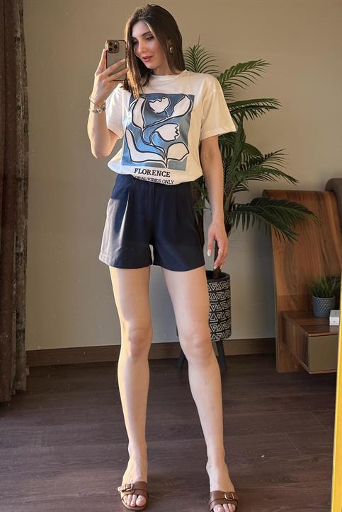 Mavi Palmiye Baskılı T Shirt