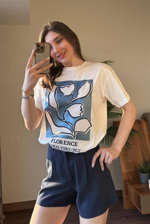 Mavi Palmiye Baskılı T Shirt