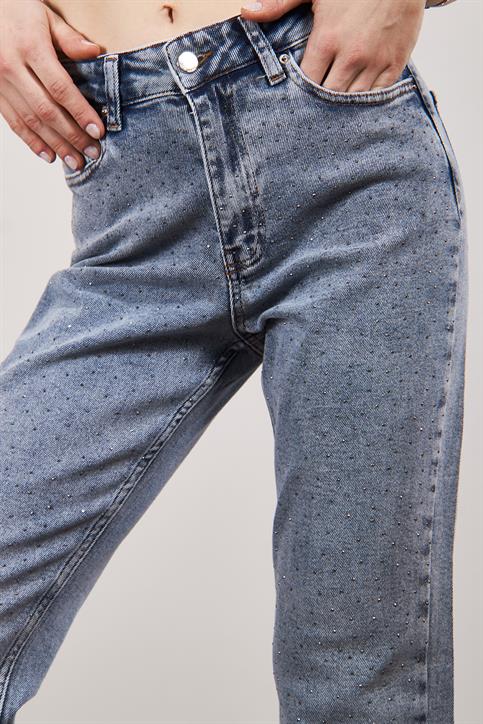 Mavi Serpme Taşlı Mom Fit Jean