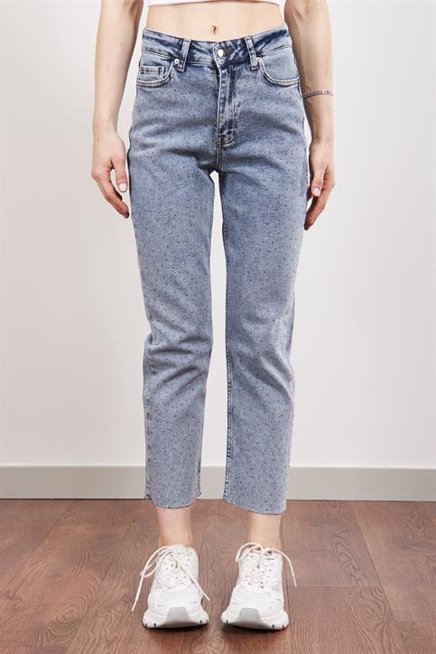 Mavi Serpme Taşlı Mom Fit Jean