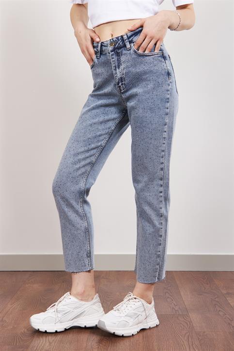Mavi Serpme Taşlı Mom Fit Jean