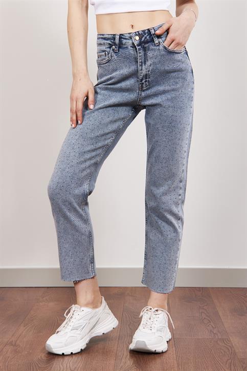 Mavi Serpme Taşlı Mom Fit Jean