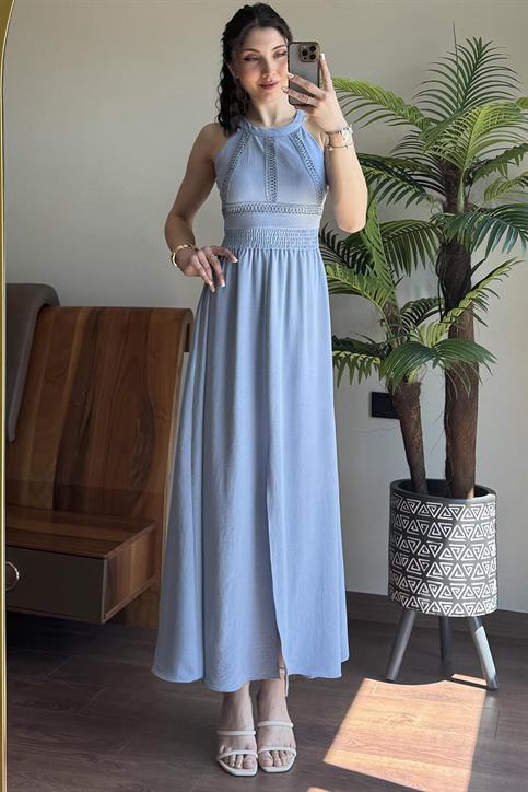 Mavi Sırtı Bağlamalı Keten Elbise