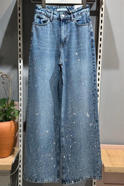 Mavi Wideleg Taşlı Denim