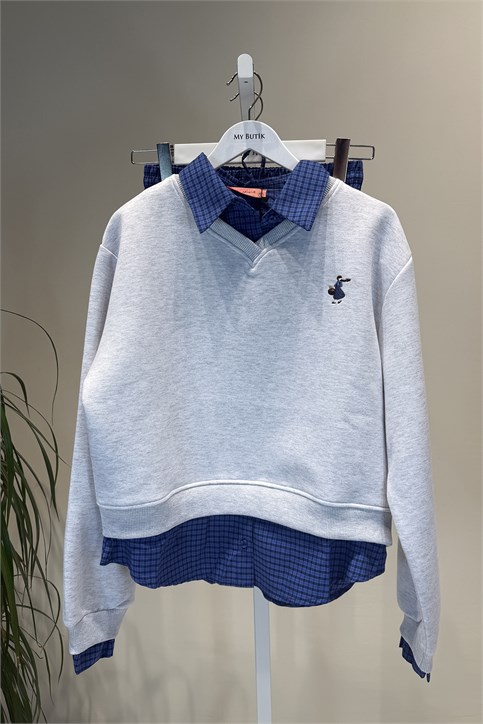 Melanj Gri Küçük Kız İşlemeli Sweatshirt