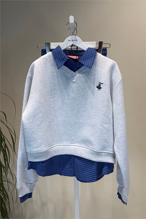 Melanj Gri Küçük Kız İşlemeli Sweatshirt