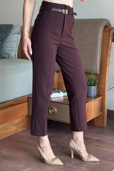 Mürdüm Önü Flatolu Kemerli Pantolon