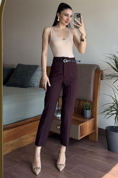 Mürdüm Önü Flatolu Kemerli Pantolon