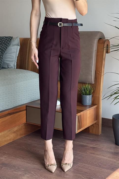 Mürdüm Önü Flatolu Kemerli Pantolon