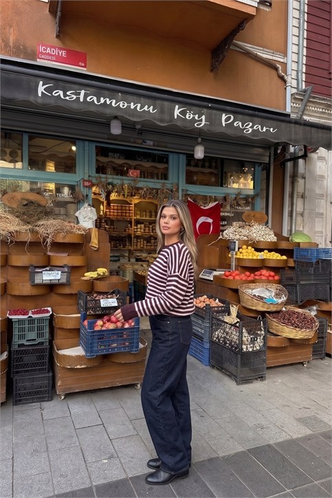 Mürdüm Sedef Düğmeli Çizgili Açık Yaka Triko