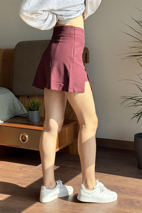 Mürdüm Tek Yırtmaçlı Çan Kesim Mini Şort  Etek