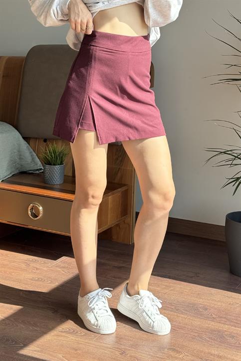 Mürdüm Tek Yırtmaçlı Çan Kesim Mini Şort  Etek