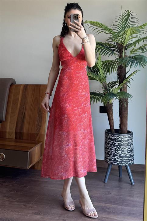 Nar Çiçeği Beli Pencereli Şifon Elbise