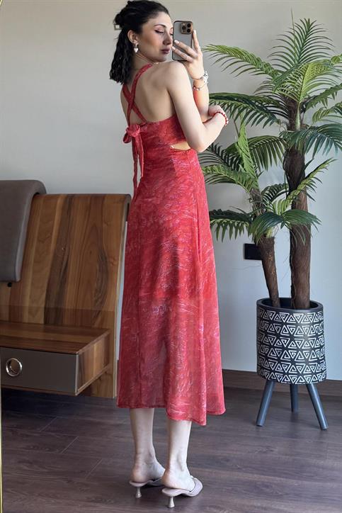 Nar Çiçeği Beli Pencereli Şifon Elbise