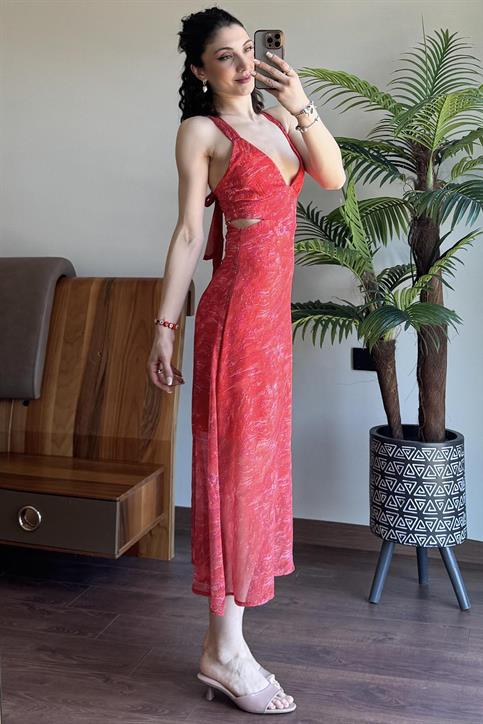 Nar Çiçeği Beli Pencereli Şifon Elbise