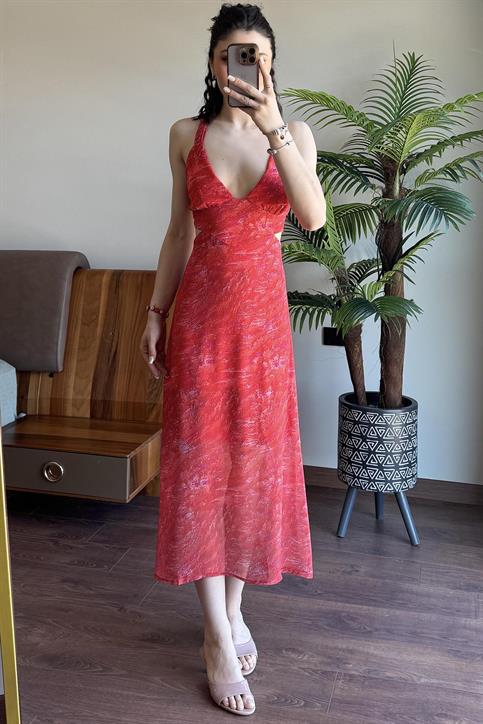 Nar Çiçeği Beli Pencereli Şifon Elbise