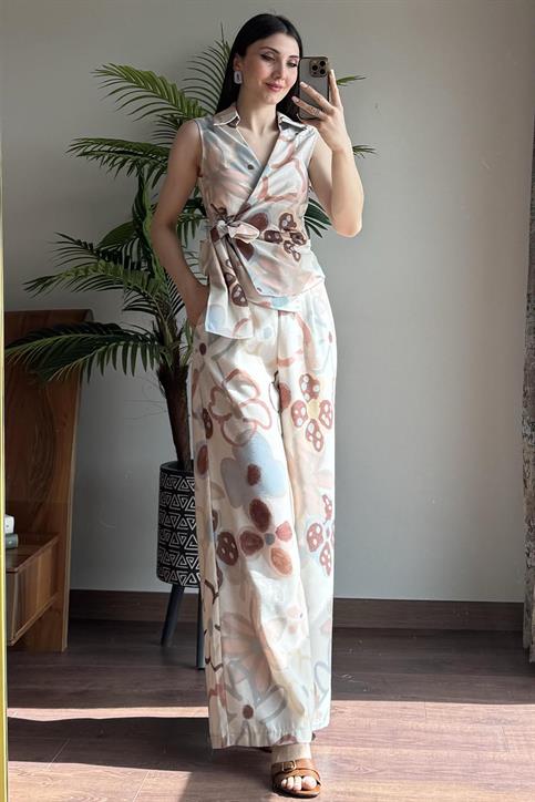 Naturel Desenli Pantolon Bluz Takım