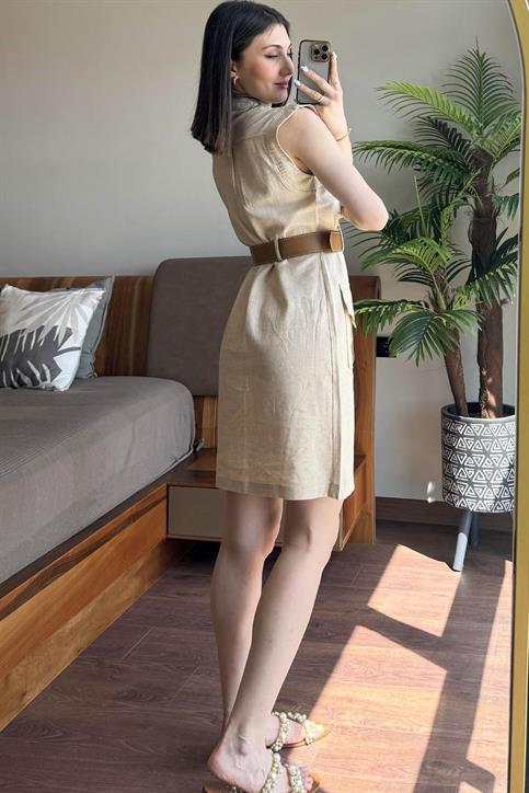 Naturel Dört Cep Detay Kemerli Keten Elbise