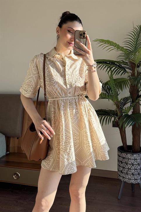 Naturel Düğmeli Keten Elbise