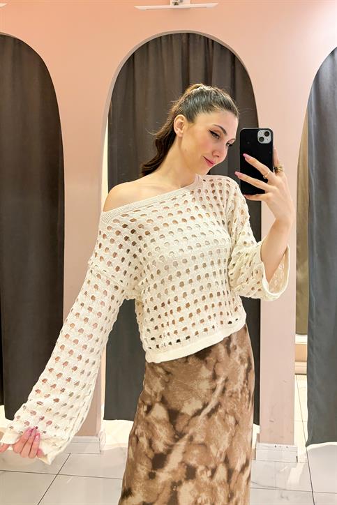 Naturel İspanyol Kollu Ajurlu Triko Bluz