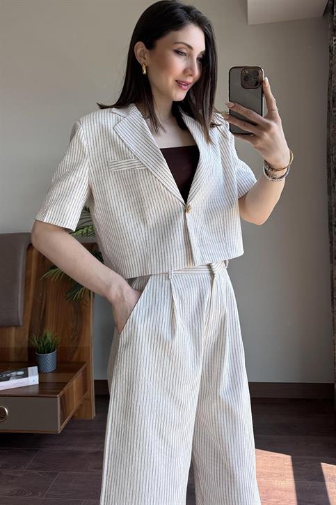 Naturel Kahverengi Çizgili Ceket Pantolon Takım