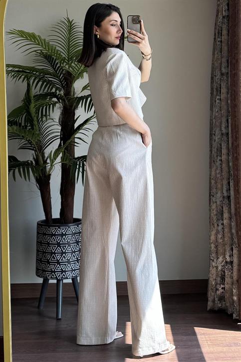 Naturel Kahverengi Çizgili Ceket Pantolon Takım