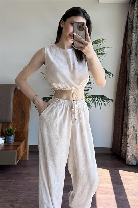Naturel Keten Bluz Pantolon Takım