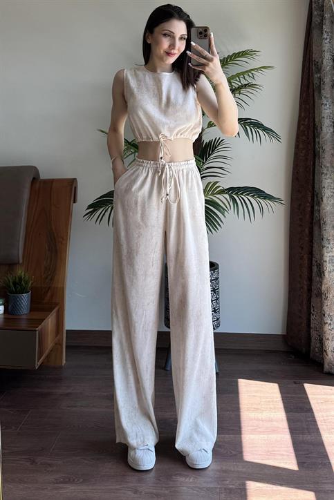 Naturel Keten Bluz Pantolon Takım