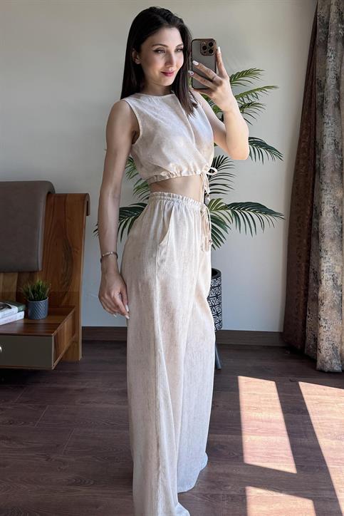 Naturel Keten Bluz Pantolon Takım