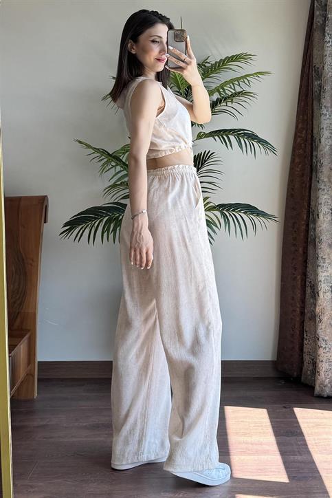 Naturel Keten Bluz Pantolon Takım