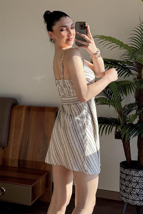 Naturel Keten Dokulu Elbise