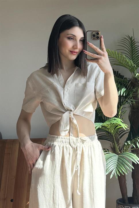 Naturel Keten Dokulu Önü Bağlamalı Crop Gömlek