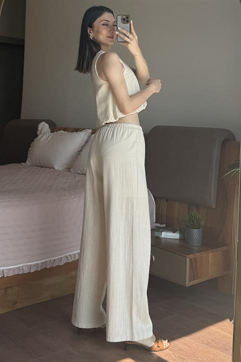 Naturel Keten Pantolonlu Takım