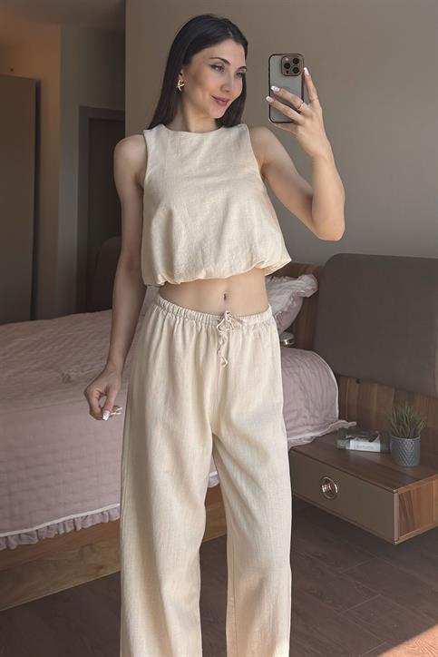 Naturel Keten Pantolonlu Takım