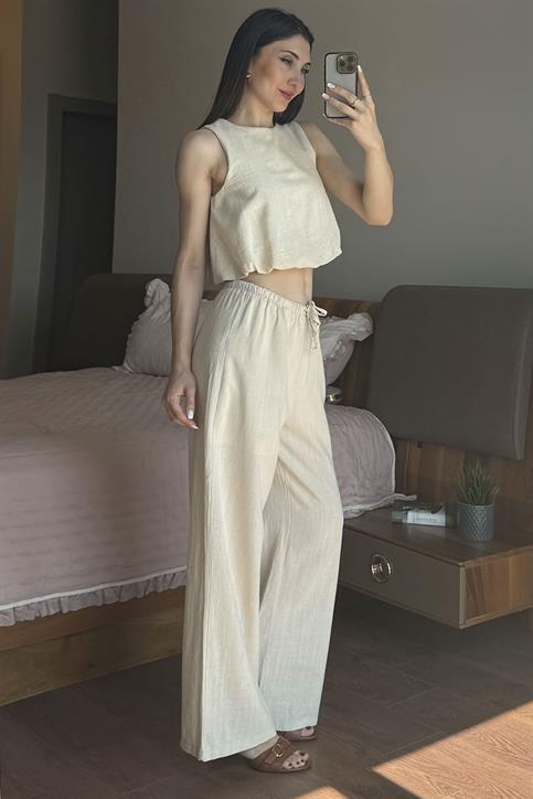 Naturel Keten Pantolonlu Takım
