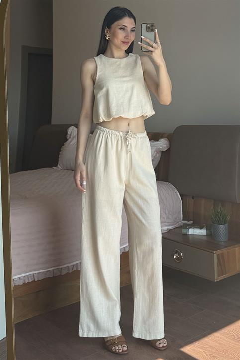 Naturel Keten Pantolonlu Takım