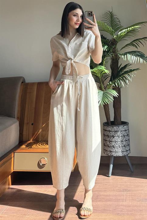 Naturel Keten Şalvar Pantolon