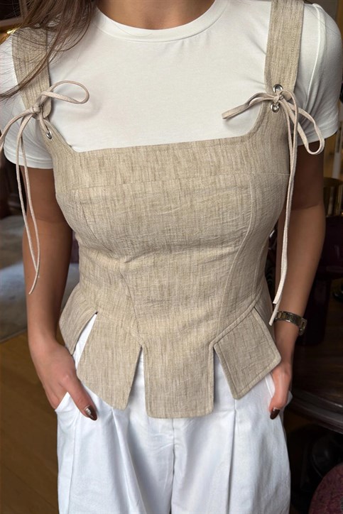 Naturel Korse Detaylı Bluz