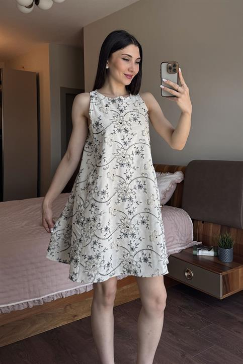 Naturel Nakış Detaylı Keten Elbise