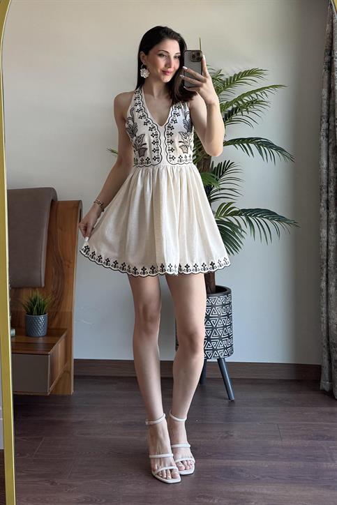 Naturel Nakışlı Elbise