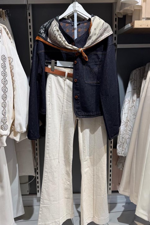 Naturel Nervürlü Kemerli İspanyol Paça Pantolon