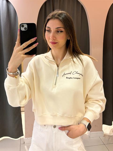 Naturel Önü Fermuar Detaylı Arkası Baskılı Sweatshirt