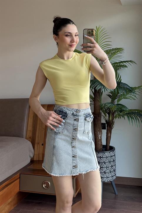 Neon Sarı Sıfır Kol Modal Karışımlı Crop