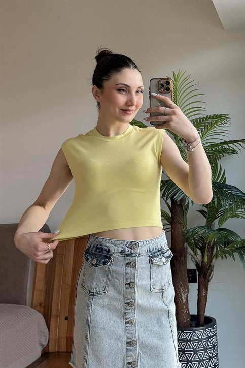 Neon Sarı Sıfır Kol Modal Karışımlı Crop