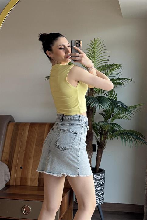 Neon Sarı Sıfır Kol Modal Karışımlı Crop