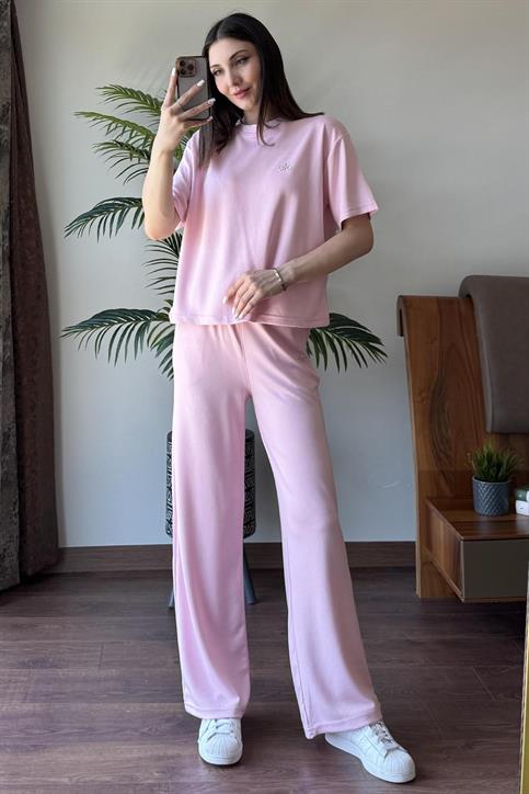 Pembe Alo Baskılı Kısakollu Pantolonlu Takım