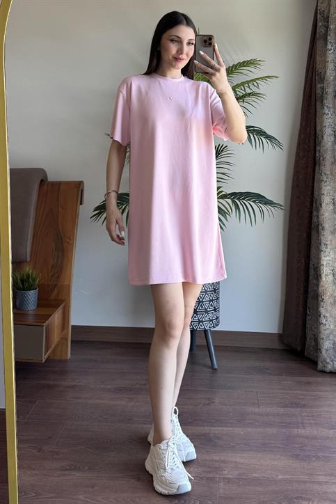 Pembe Alo Gümüş Baskılı Oversize Elbise