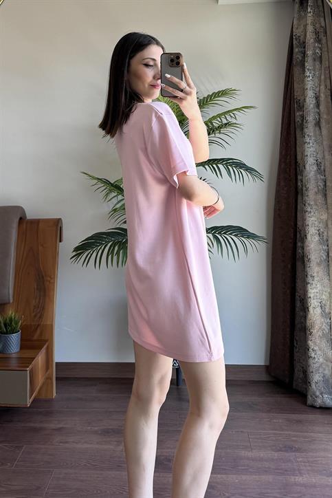 Pembe Alo Gümüş Baskılı Oversize Elbise