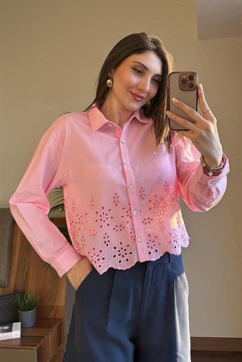 Pembe Alt Kısmı Fisto Detaylı Gömlek