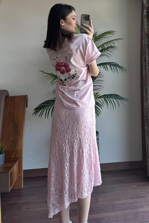 Pembe Astarlı Tül Etek